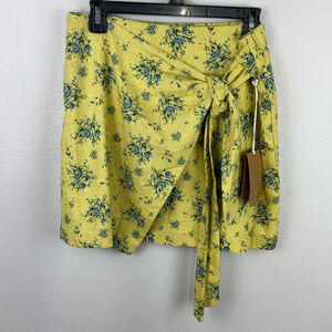 Maison d' Amelie Paris Womens Medium Yellow Floral Linen Mini Wrap Tie Skirt NWT